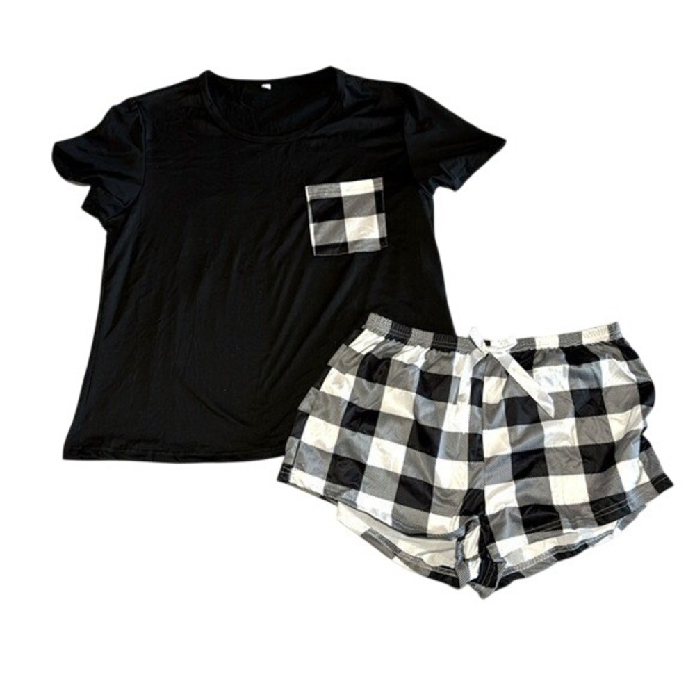 Womens Buffalo Plaid Pajama Set Black White Checkered Shorts Short Sleeve XL - Picture 1 of 4